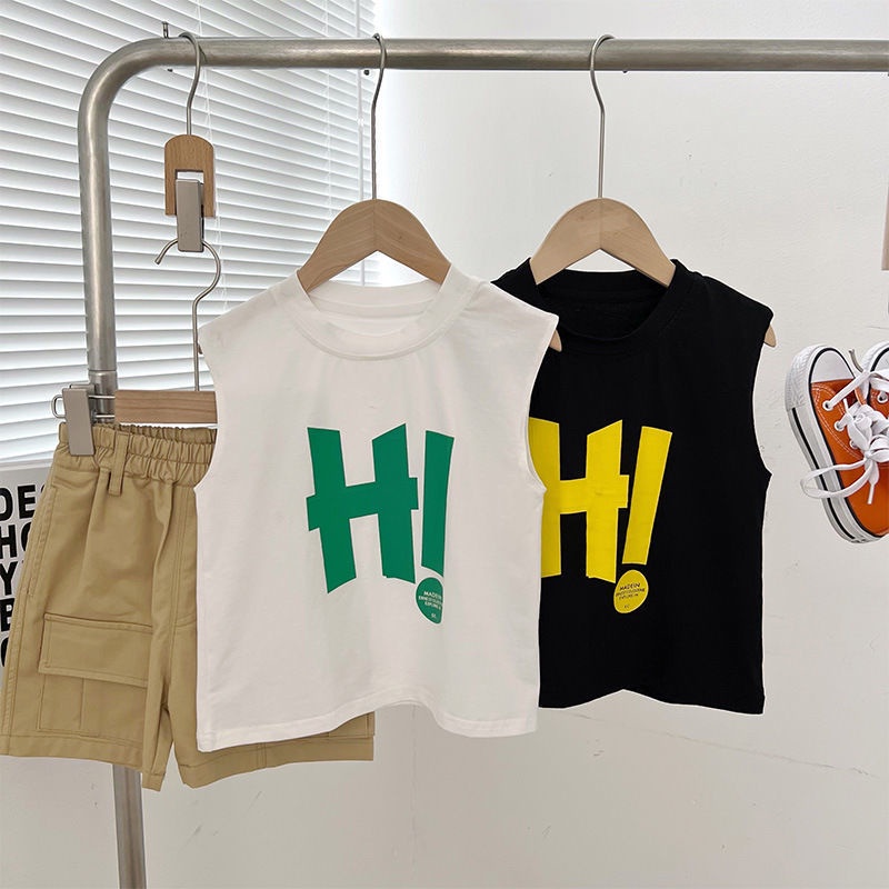 [Babycat] Hàng Có Sẵn Áo Thun Cotton Nguyên Chất Không Tay Dáng Rộng In Chữ Xiaowajia Phong Cách Phương Tây Dễ Phối Đồ Mùa Hè Mới Cho Bé Trai