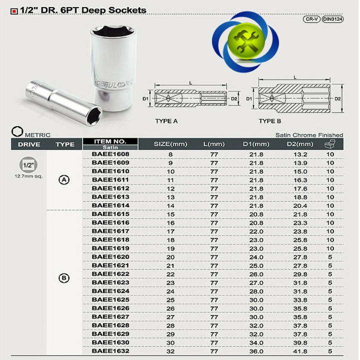 Tuýp 14mm TOPTUL BAEE1614 trắng dài  loại 1/2 6 cạnh dài 77mm
