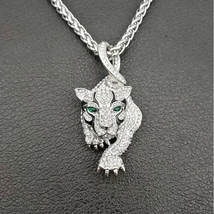 Gold Diamond Tiger Animal Pendant Necklace Men's Jewelry