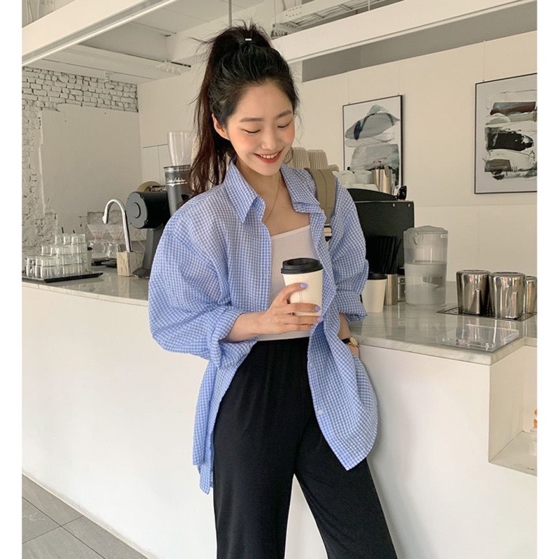 Áo Khoác cotton Dáng Dài Họa Tiết Sọc Caro Phong Cách Hàn Quốc Thời Trang Mùa Xuân Cho Nữ