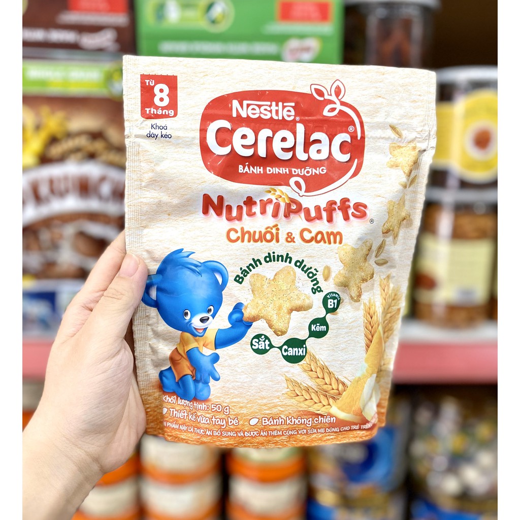 Bánh Ăn Dặm Dinh Dưỡng Nestlé CERELAC Nutripuffs vị Chuối Cam và Chuối Dâu 50gr
