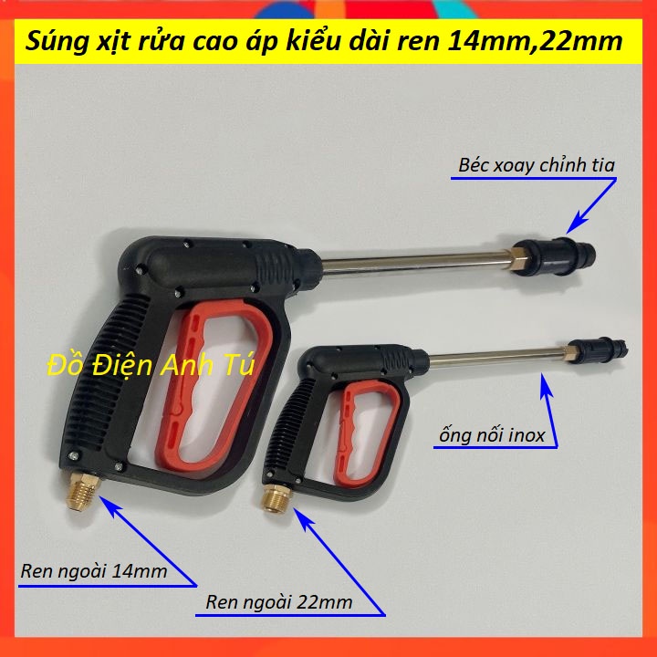 Súng xịt rửa xe loại tốt loại dài ren ngoài 14mm,22mm cho máy xịt áp lực cao, vòi xịt rửa xe áp lực cao