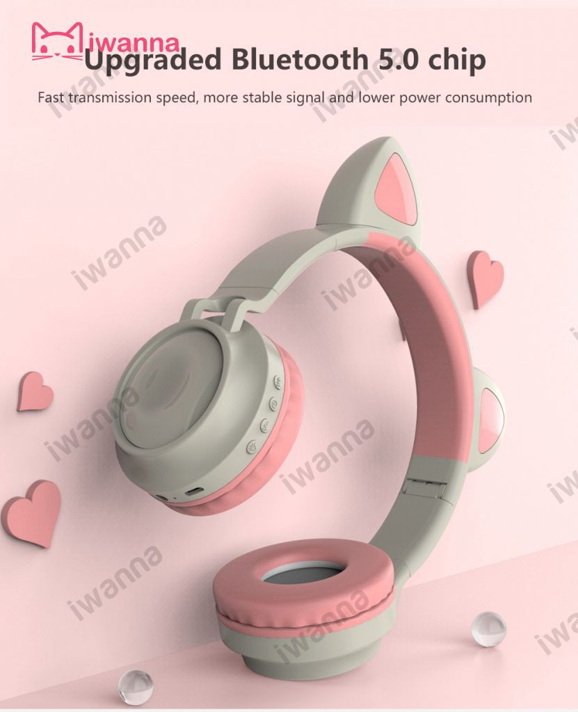 Tai Nghe Bluetooth 5.0 Không Dây Hình Tai Mèo Có Đèn Phát Sáng
