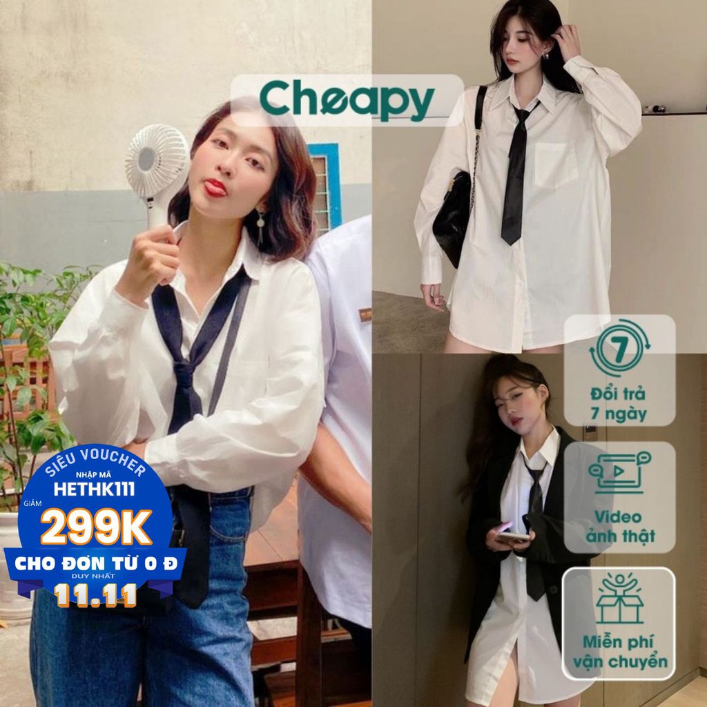Áo sơ mi dài tay Khả Ngân nữ màu trắng túi ngực kèm cà vạt phom rộng freesize dáng suông chất đũi mềm mát ulzzang