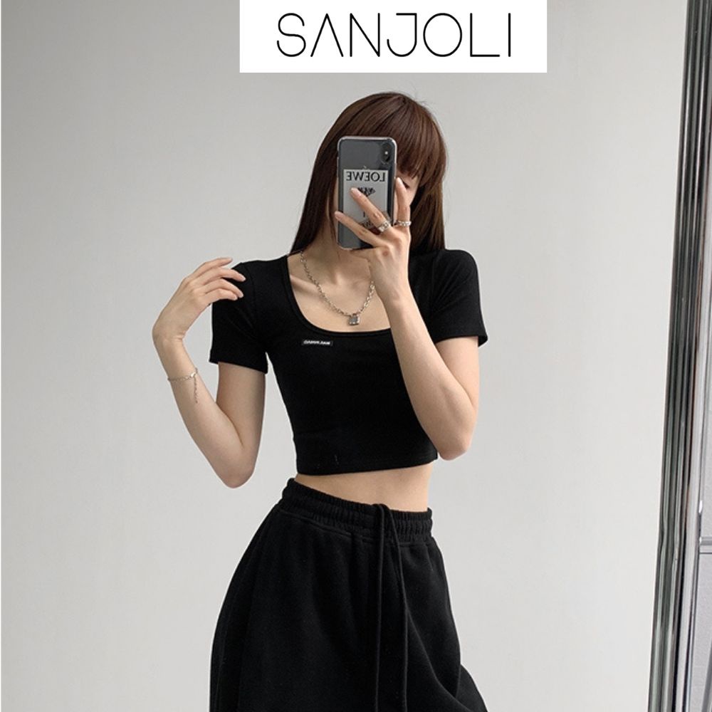 Áo croptop cổ vuông nữ Sanjoli thiết kế tay ngắn ôm body sexy chất vải len gân năng động AO020