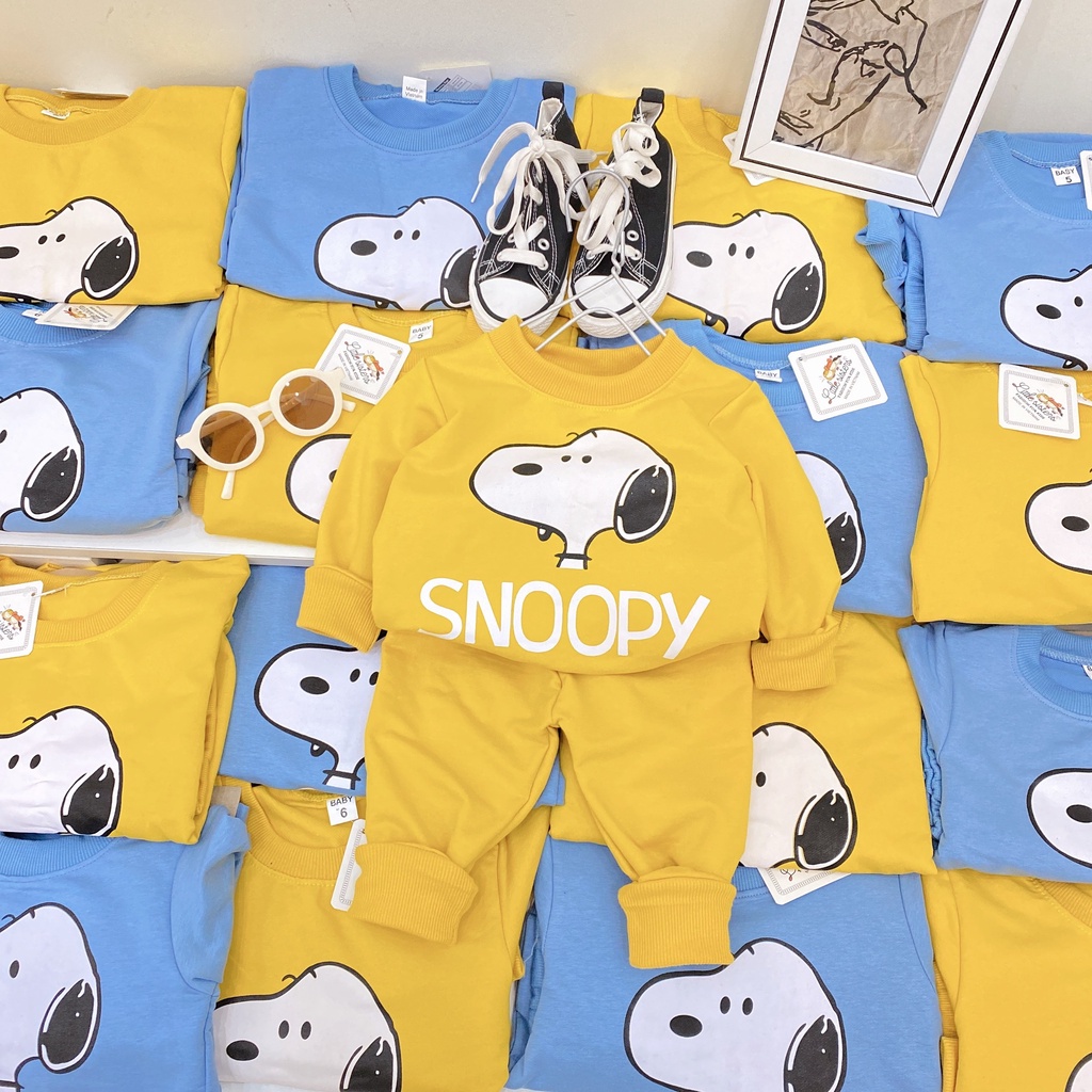 Bộ dài tay Snoopy chất da cá 2 màu xanh vàng bé trai bé gái thu đông cực đẹp Namkdishop (V486)