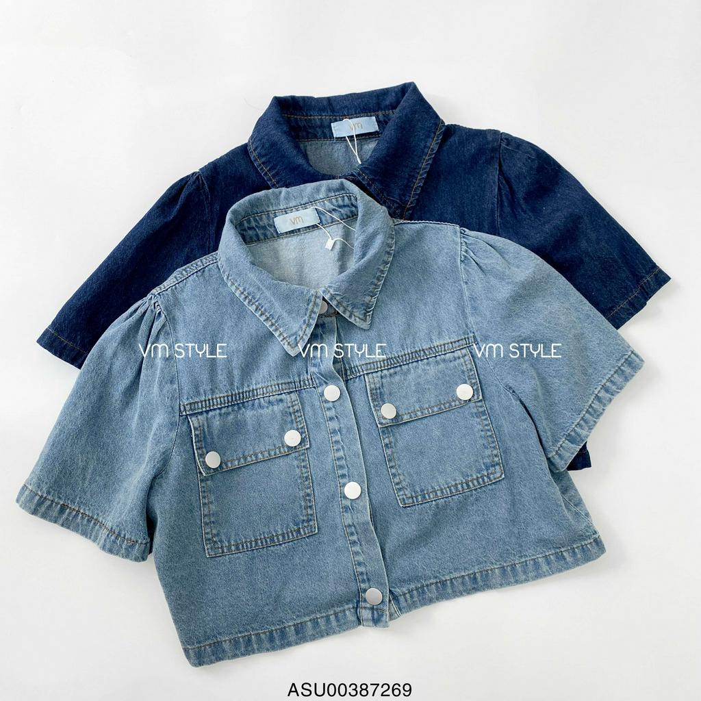 Áo sơ mi jean denim nữ VMSTYLE form croptop tay ngắn cổ bẻ 2 túi hộp bên 2188 - ASU00387