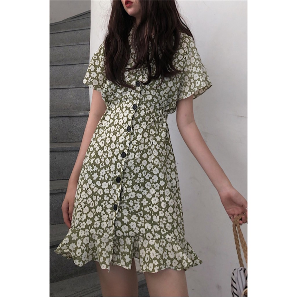 (HÀNG SẴN) Váy hoa nhí xòe ngắn đuôi cá cổ V dọc khuy style Retro cá tính Hong Kong | BigBuy360 - bigbuy360.vn