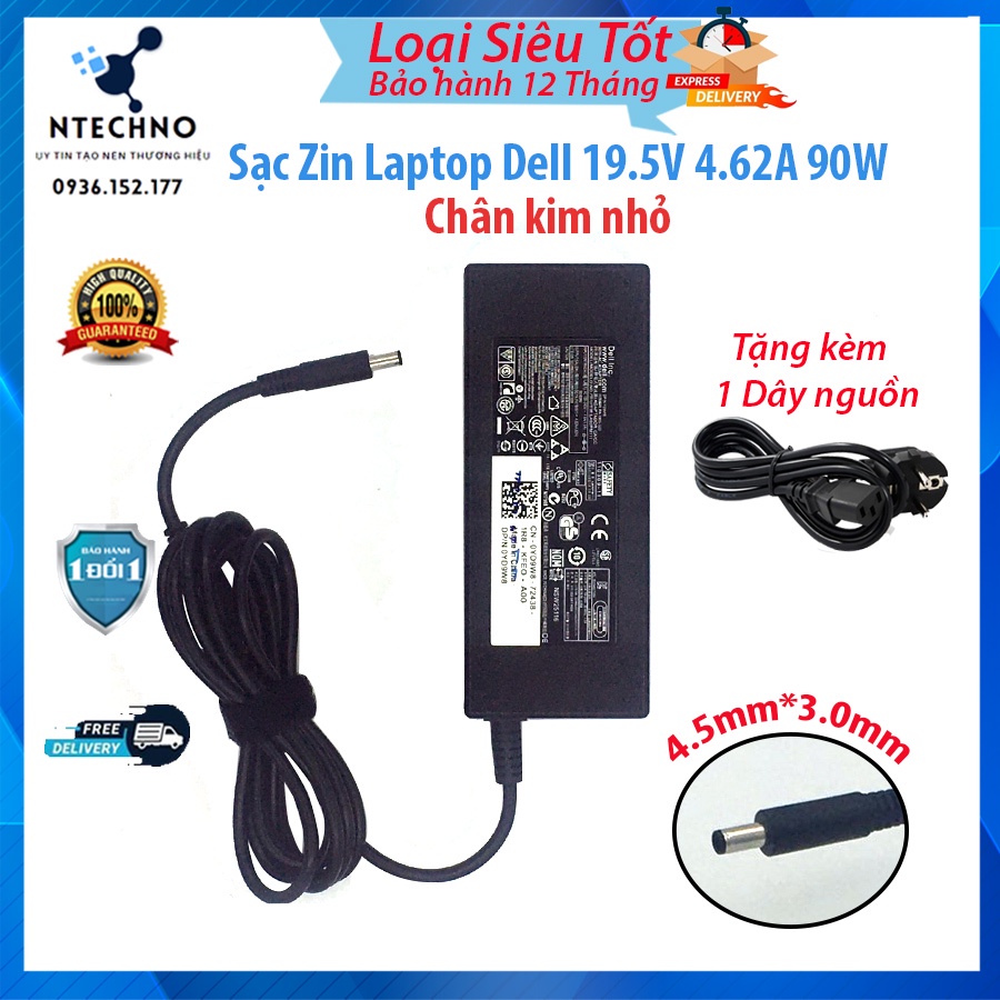 Sạc Laptop Dell 19.5V - 4.62A 90W [Zin] Chân to/Chân nhỏ Tặng kèm dây nguồn⭐ Bảo hành 12 Tháng (Sạc Zin/TC)