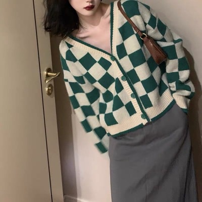 Áo khoác len cardigan cổ chữ V form rộng họa tiết sọc caro phong cách retro Hàn Quốc