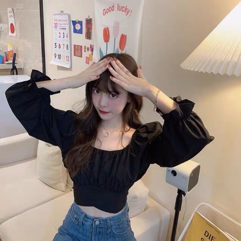 Hàng mới áo croptop voan trễ vai bánh bèo dài tay