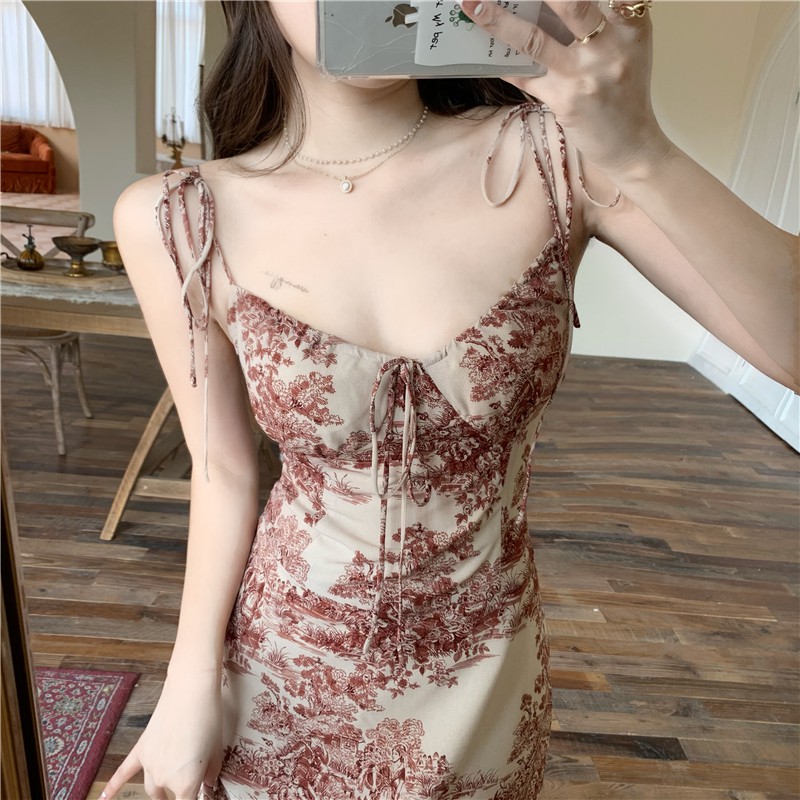 Đầm Hai Dây Họa Tiết Hoa Thiết Kế Dây Rút Phong Cách Retro | BigBuy360 - bigbuy360.vn