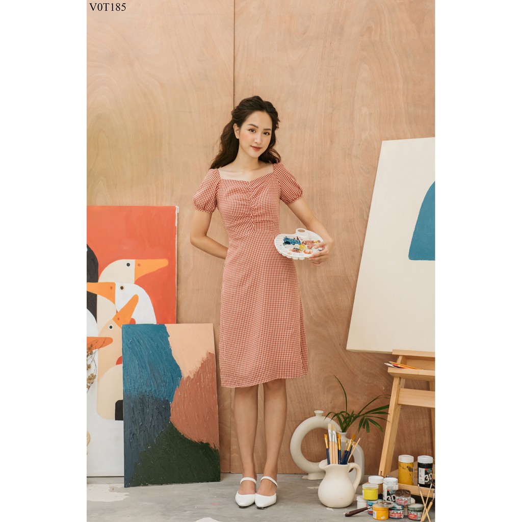 Váy caro đỏ cổ vuông TIIN STORE chất thô mềm V0T185 | BigBuy360 - bigbuy360.vn