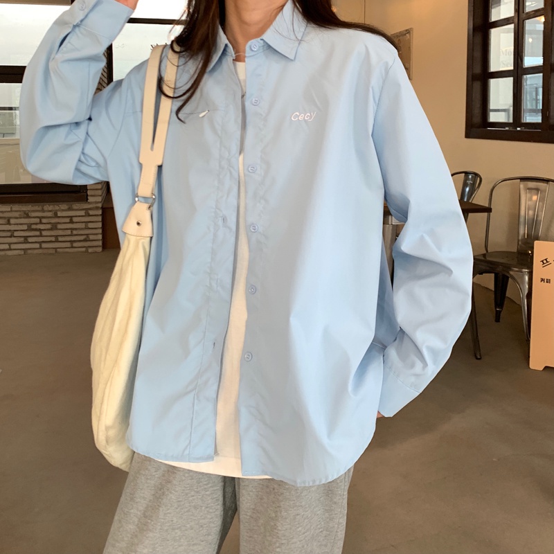 SUXI Áo sơ mi nữ tay dài dáng rộng thêu chữ phong cách Hàn Quốc