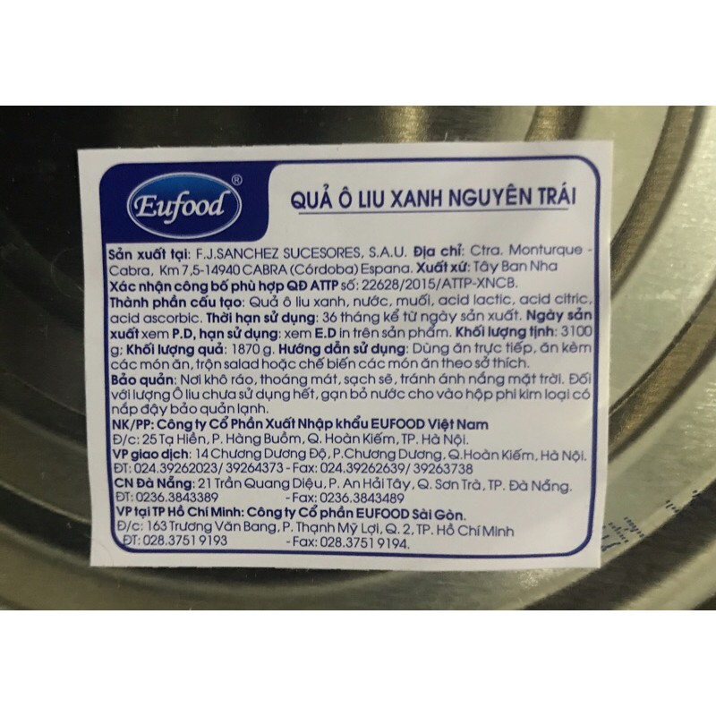 Quả oliu xanh nguyên trái có hạt 3kg La Pedriza