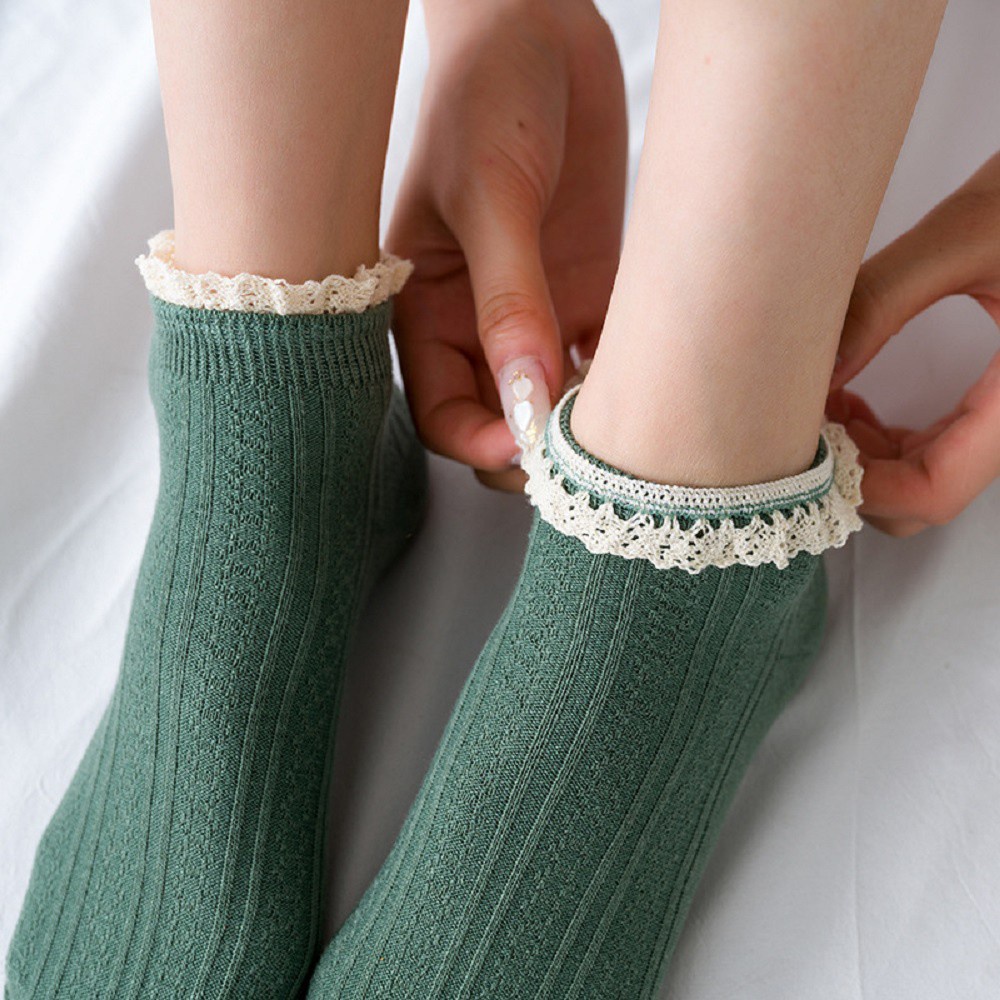 Vớ Cotton Cổ Ngắn Phối Ren Nhún Bèo Phong Cách Lolita Thời Trang Cho Nữ