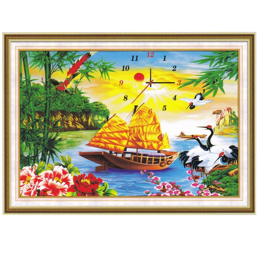 Tranh Thêu Chữ Thập ĐỒNG HỒ THUẬN BUỒM XUÔI GIÓ. Kích Thước: 60cm x 43cm