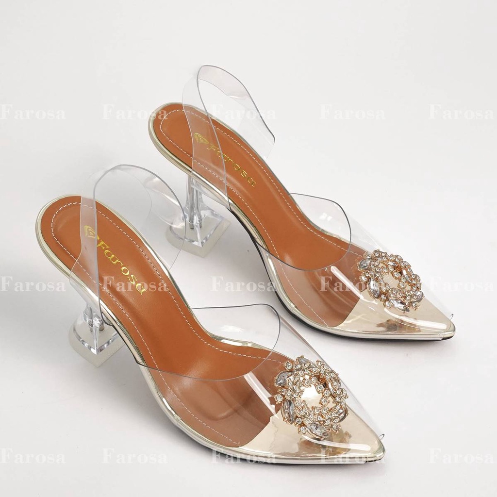 Giày guốc nữ cao gót 7cm quai trong FAROSA - A16  phối mặt hoa đá cực sang chảnh