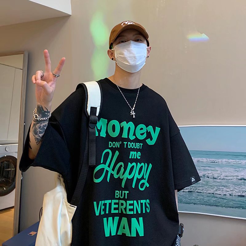 New Round Neck Print Casual Men's Loose Five-part Sleeve T-shirt Bottoming Fashion Tide