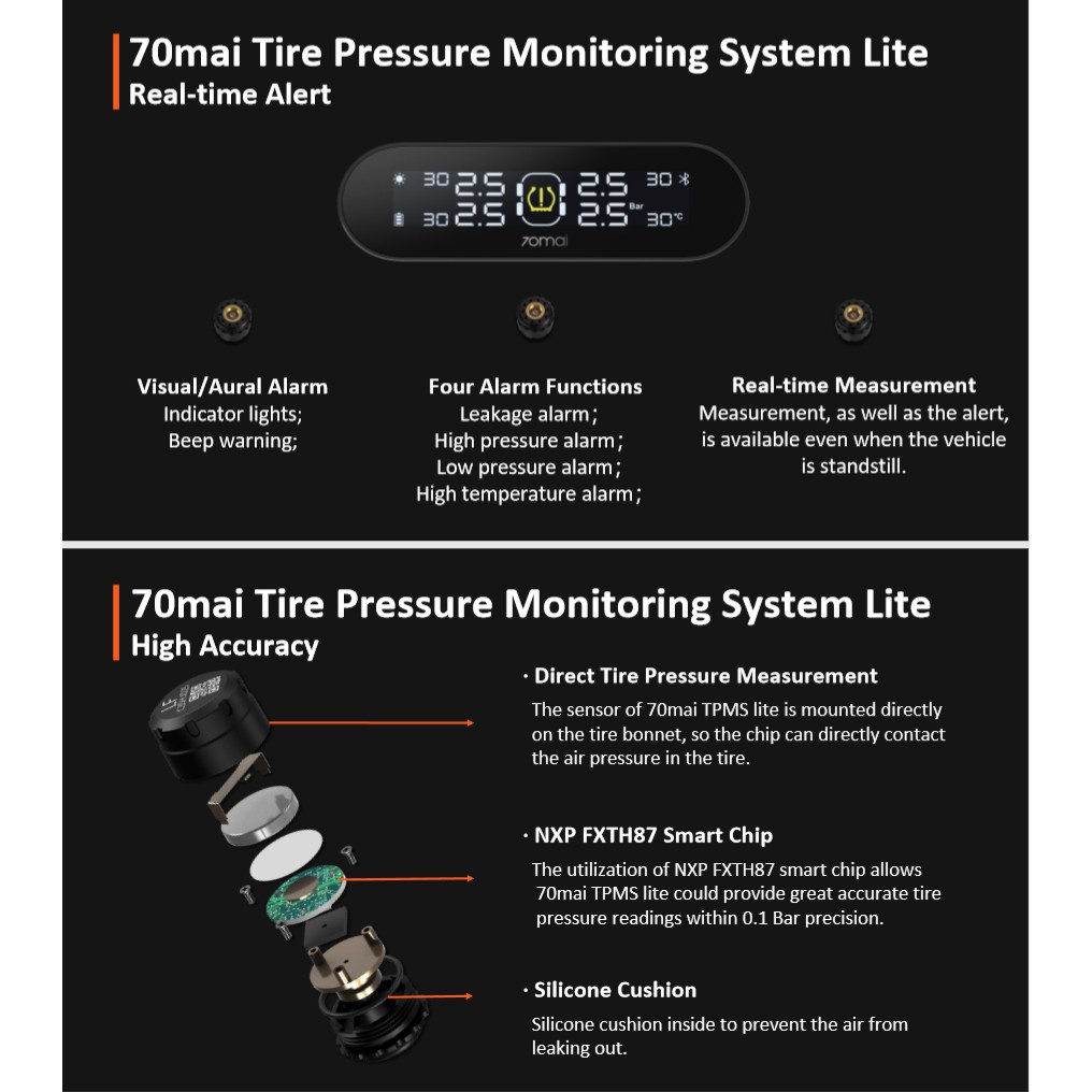 [QUỐC TẾ] Cảm biến áp suất lốp Xiaomi 70mai Lite - Thiết bị đo áp suất lốp và nhiệt độ Xiaomi 70mai