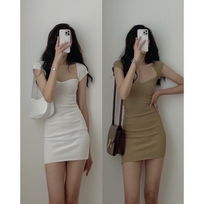 Váy Thun Tăm Cộc Tay Cổ Én Nữ, Đầm Ôm Body Dáng Ngắn Hở Cổ Tay Lỡ Tiểu Thư | BigBuy360 - bigbuy360.vn