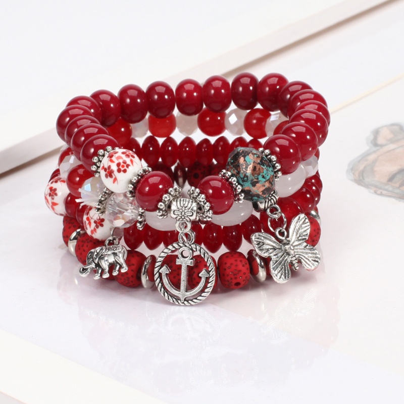 Bộ 4 Vòng Tay Xỏ Hạt Xếp Chồng Lên Nhau Mặt Hình Bướm Mỏ Neo Voi Thời Trang Mùa Hè Cho Nữ Mu