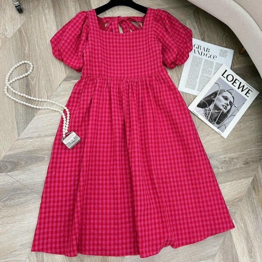 Đầm Bầu Babydoll Váy Bầu Kẻ Caro Đi Chơi Đi Làm Xinh Xắn Buộc Nơ Sau Dễ Thương HD2913 Honey Mommy