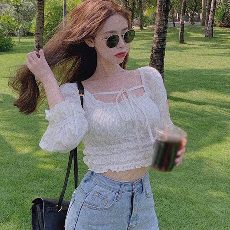 Women's Sweet Korean Slim Sexy Navel Bubble Long Sleeve Chiffon Shirt | BigBuy360 - bigbuy360.vn