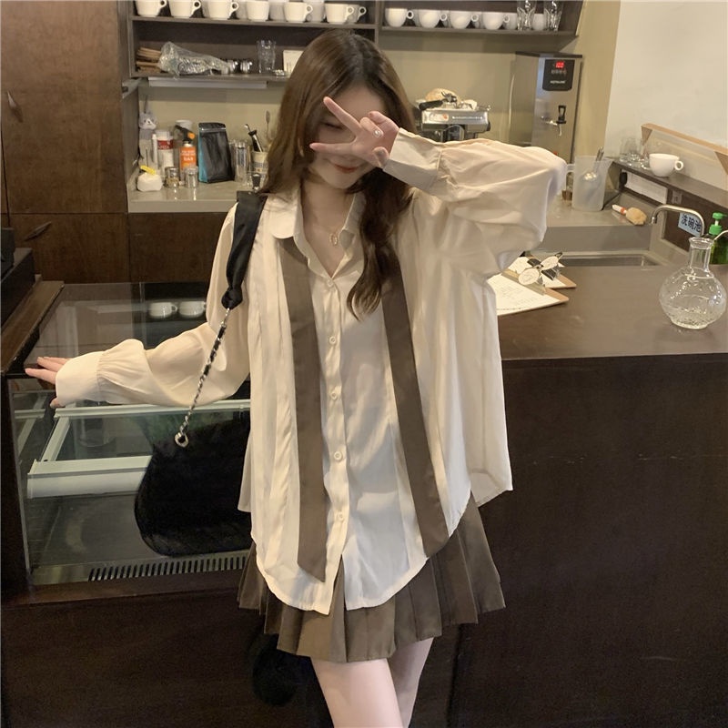 Set áo sơ mi dài tay + chân váy xếp ly thời trang nữ