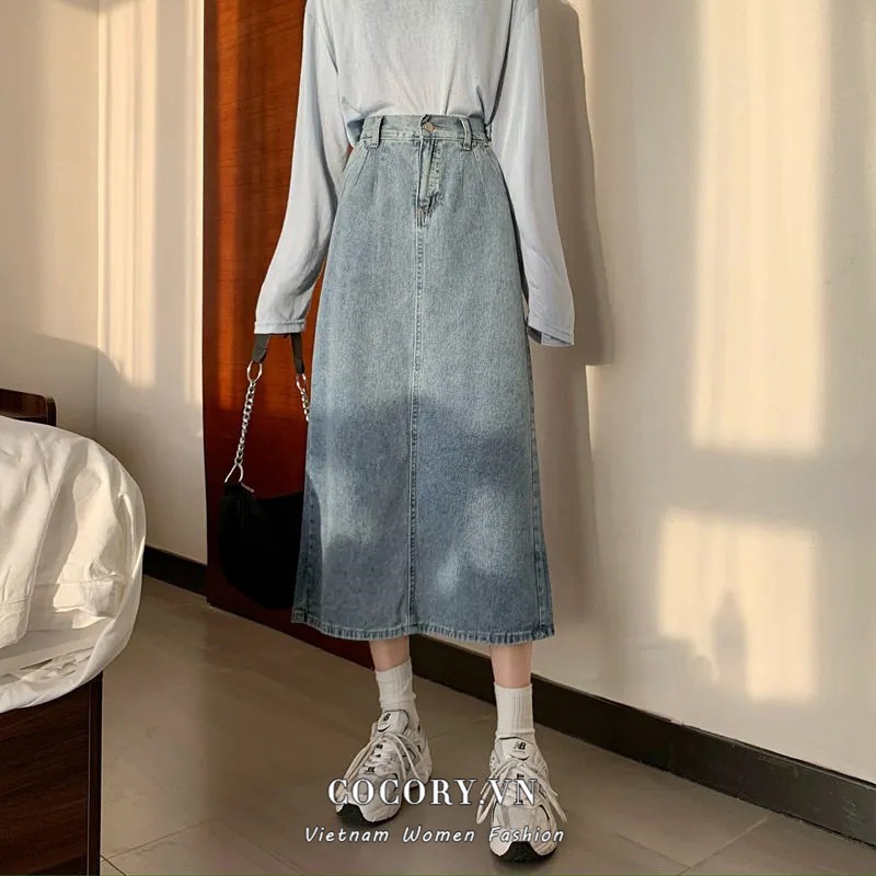 Chân Váy Denim Lưng Cao Dáng Chữ A Phong Cách Retro | BigBuy360 - bigbuy360.vn