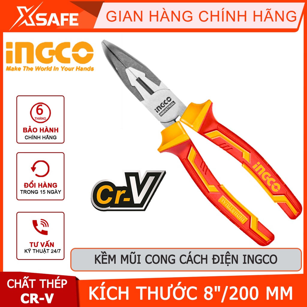 Kềm mũi cong cách điện INGCO HIBNP28208 Kìm công nghiệp tay cầm cách điện, đầu kềm mạ đen, đánh bóng -Chính hãng [XSAFE]