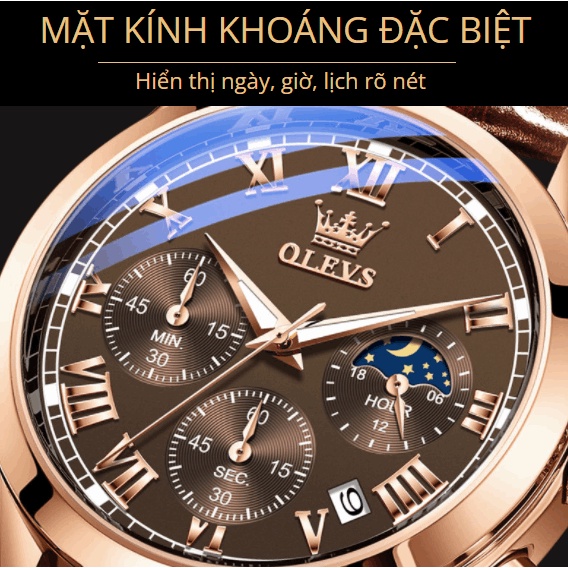 Đồng hồ nam dây da OLEVS 6 kim chống nước, mặt kính cường lực chống xước hiển thị lịch Nhật Nguyệt phong cách Thụy Sĩ | BigBuy360 - bigbuy360.vn