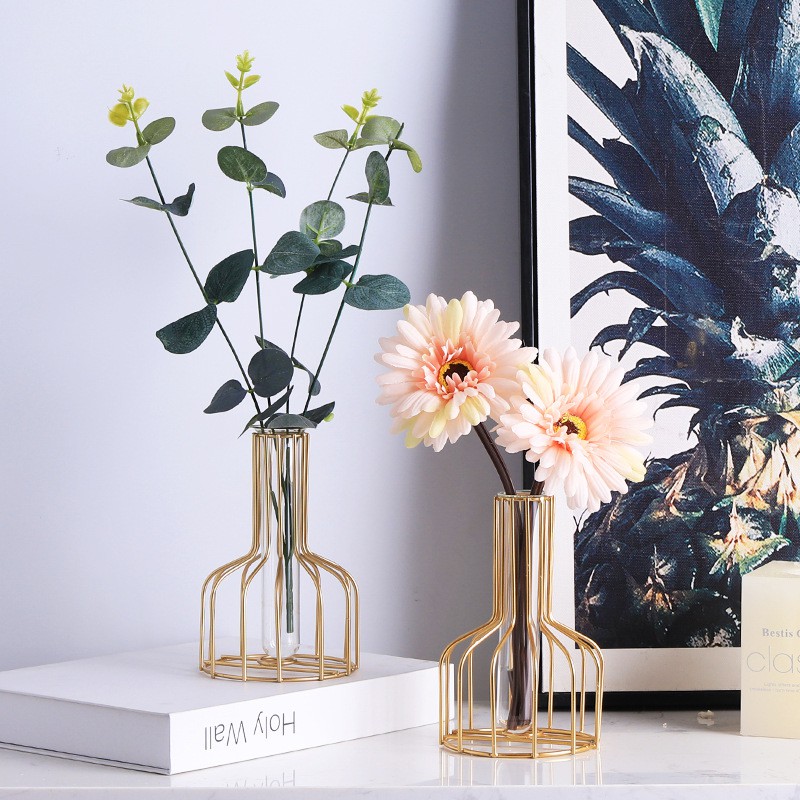 Bình cắm hoa nghệ thuật khung kim loại kèm ống đựng nước- Lọ trồng cây thủy sinh trong suốt để bàn làm việc, bàn khách