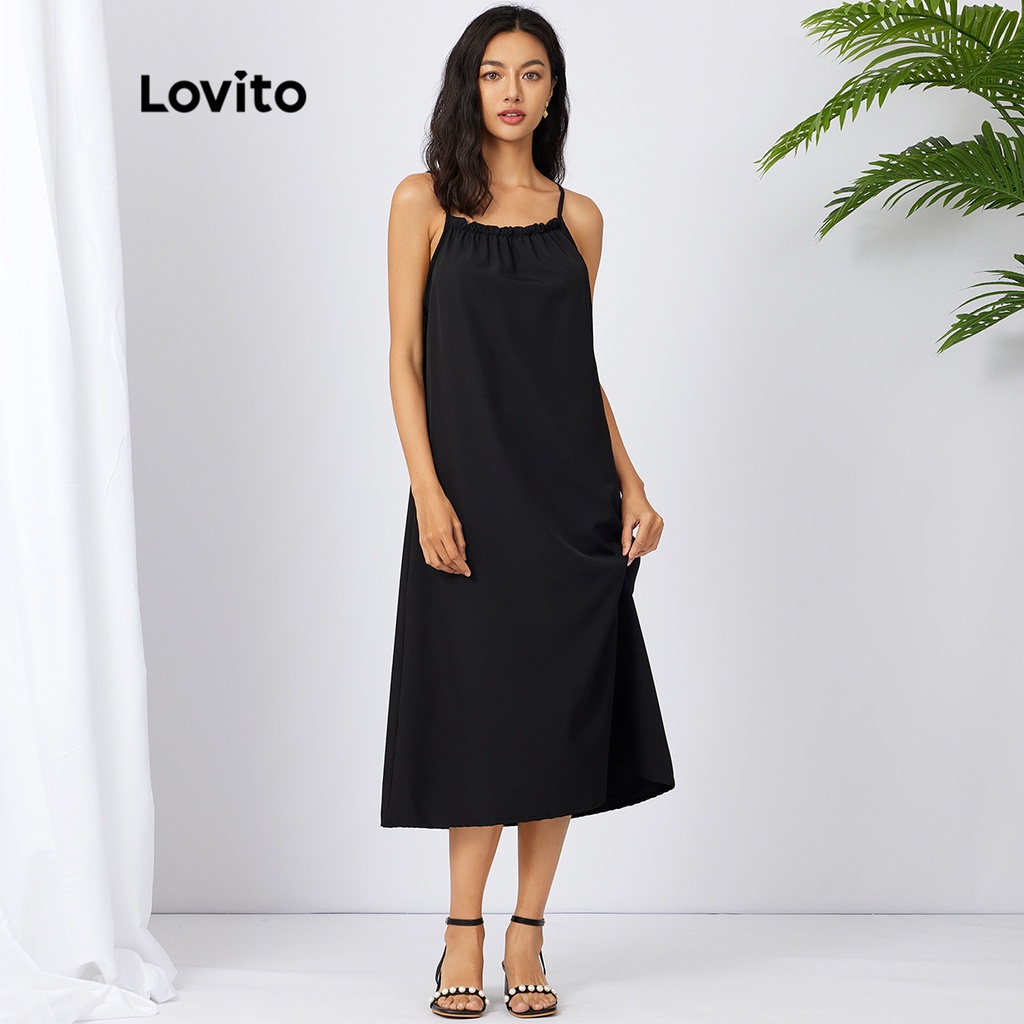 Lovito Đầm suông dài có tay không tay hở lưng dễ thương L21AS102 (Đen)
