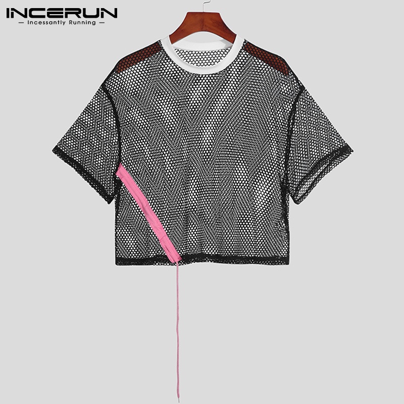 Áo INCERUN ngắn tay xuyên thấu màu đen phối dây rút thời trang cho nam