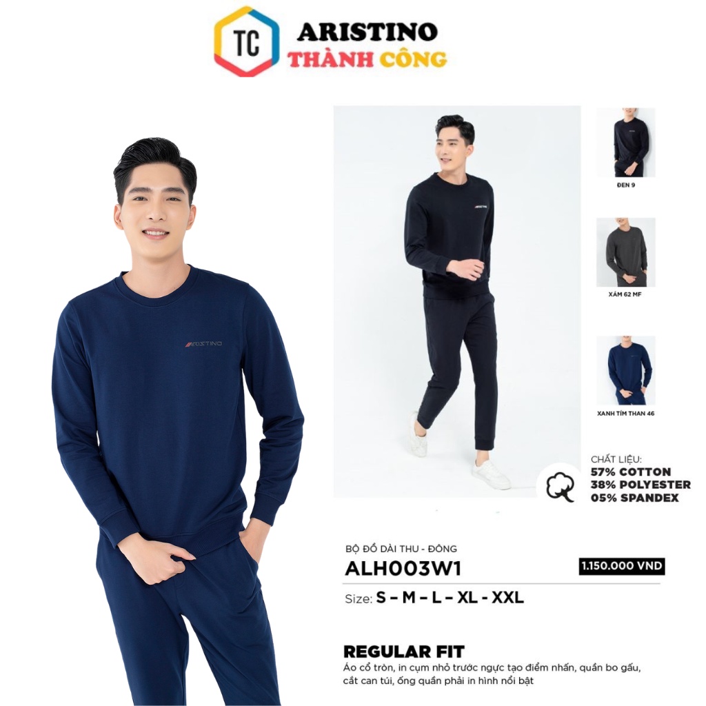 Bộ đồ thu đông nam Aristino cổ tròn cotton bo gấu  ALH003W1