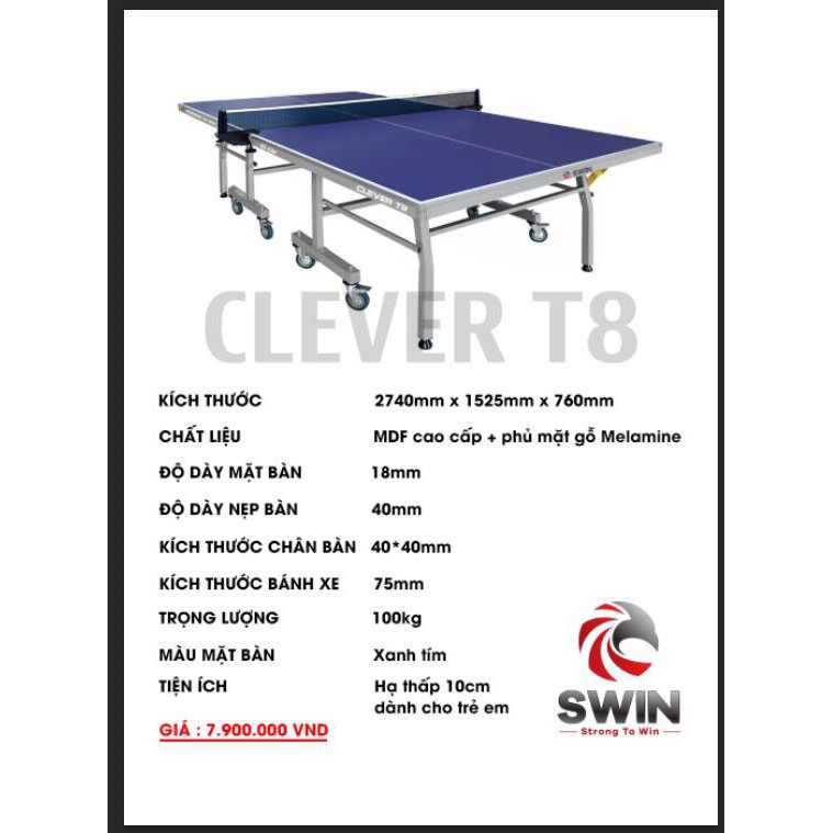 BÀN BÓNG BÀN SWIN CLEVER T8