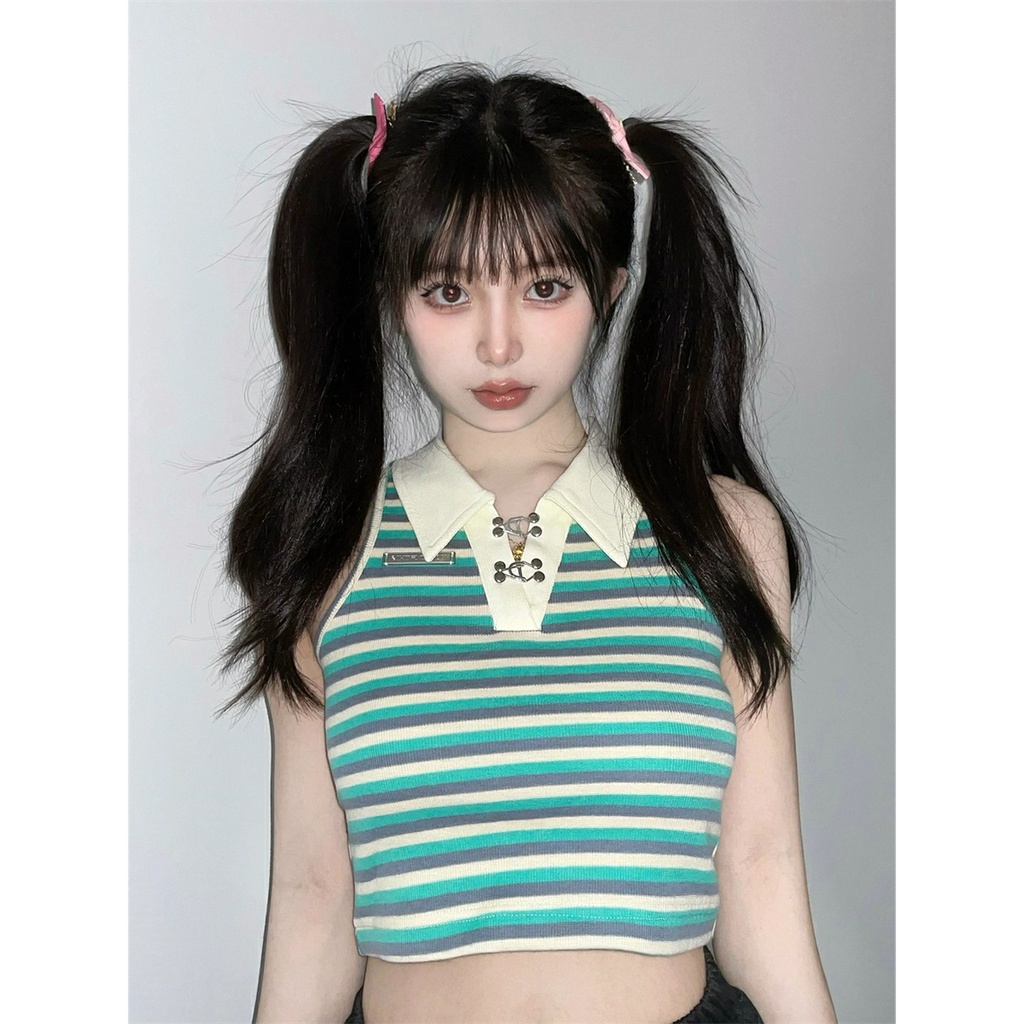 【ZHELIHANGFEI】Áo Sweater Sát Nách Cổ POLO Lưng Cao Kẻ Sọc Thiết Kế Quyến Rũ Cá Tính