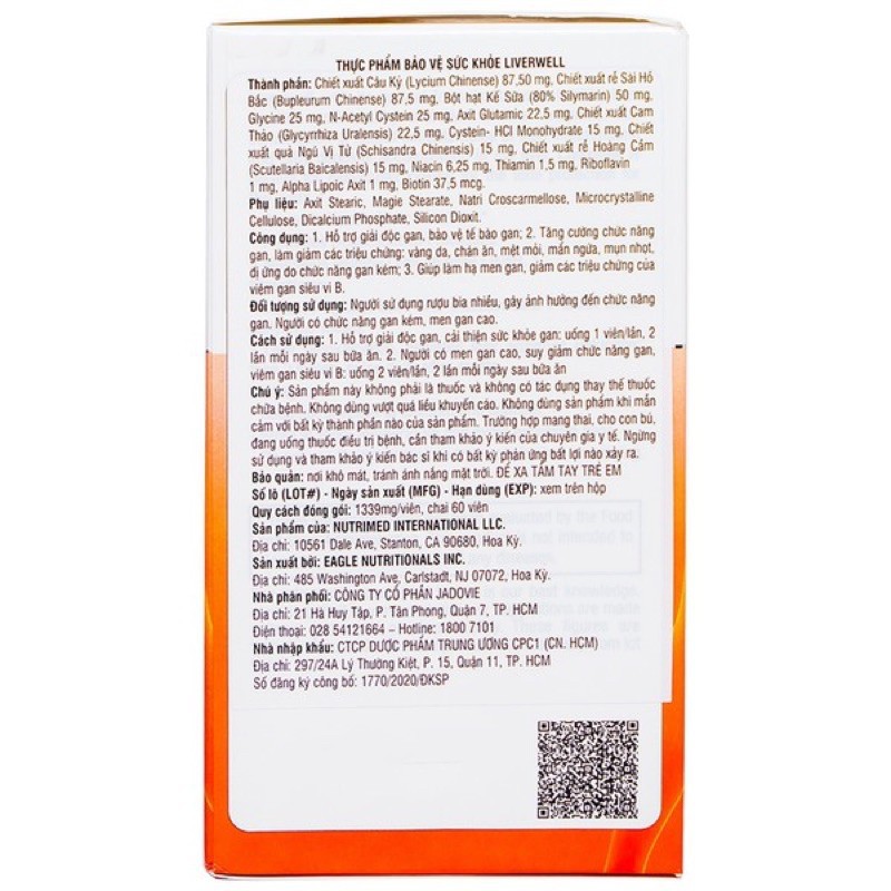 Viên Uống Liverwell  của Mỹ giúp bổ gan, hỗ trợ giải độc gan. Tăng cường chức năng gan (hộp 60 viên)