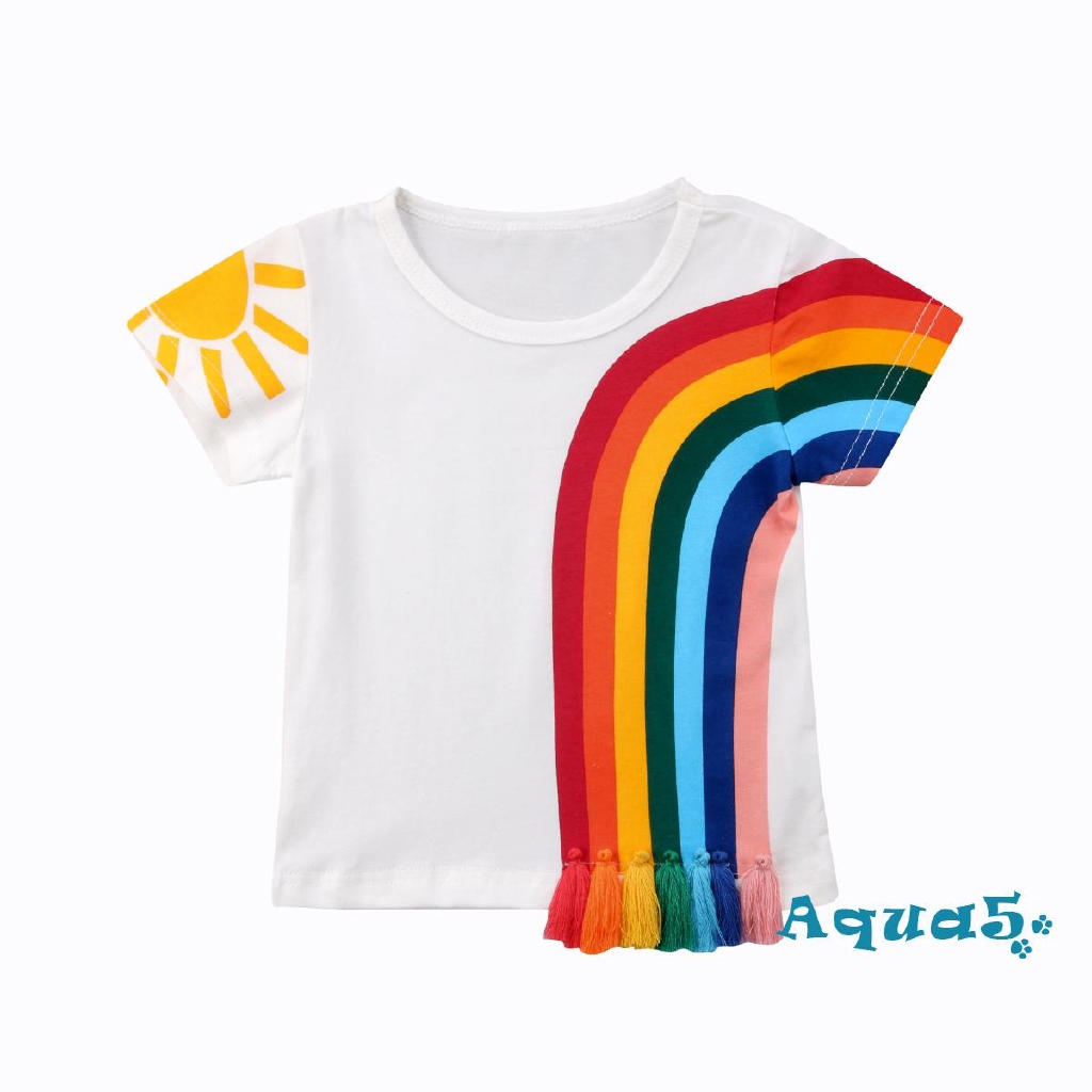 Fashion Kids Baby Girls Casual Rainbow Tassel Patchwork Cotton T-shirt Tops