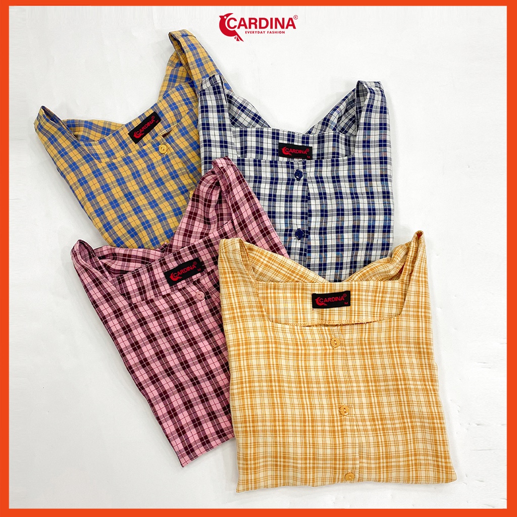 Đồ bộ nữ CARDINA 4 màu kẻ chất thô nhật cao cấp áo cổ vuông tay phồng quần dài thoáng mát nhẹ nhàng 2BTH02