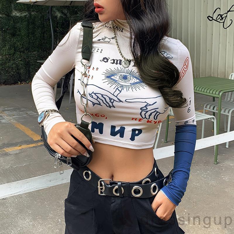 Áo thun dáng ngắn tay dài cổ cao in họa tiết thời trang cá tính cho nữ