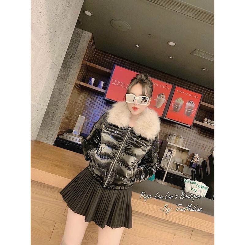 Áo phao bóng cổ lông túi khoá kéo