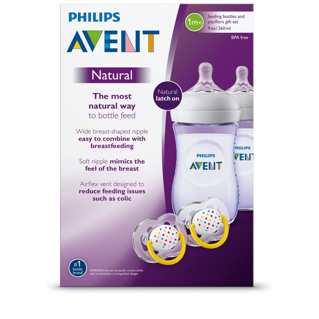 Set 2 bình sữa Avent Natural 260ml và 2 ti giả