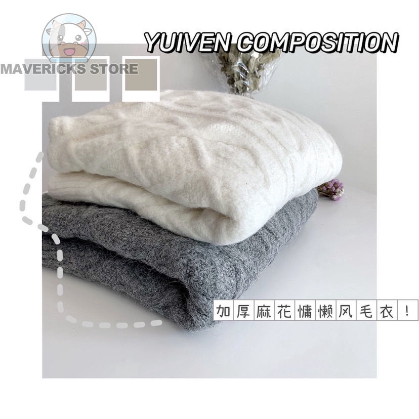 Áo sweater Dệt Kim Dày Dáng Rộng Màu Trắng Phong Cách Hàn Quốc Thanh Lịch Mùa Đông