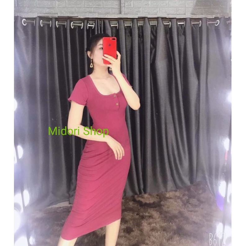 Đầm ôm body cổ vuông có nút tay ngắn chất thun loại 1 co giãn tốt, Váy body ôm cơ thể cổ vuông dáng dài