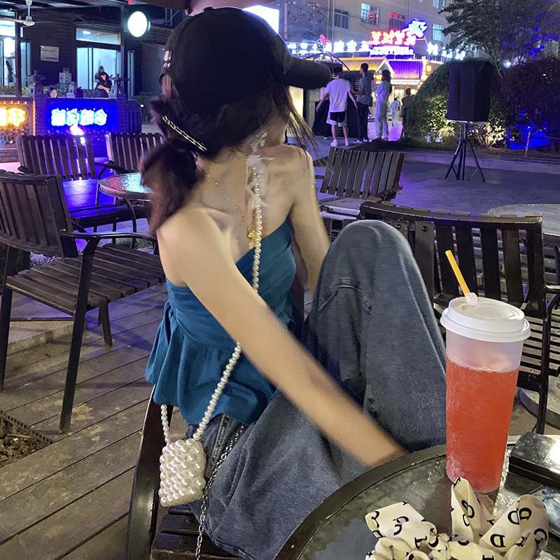 COZOK Áo Hai Dây Xếp Ly Màu Sắc Trơn Phong Cách Hàn Quốc Quyến Rũ