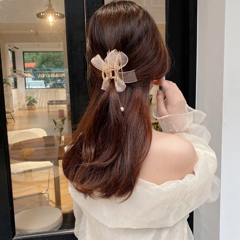 Kẹp tóc bằng hợp kim đính nơ ren lưới phối ngọc trai phong cách Hàn Quốc thời trang cho nữ