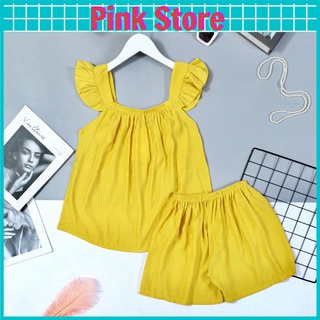 Đồ Ngủ Nữ Hai Dây Mặc Nhà Bộ Đũi Nữ Mùa Hè Dễ Thương Chất Mát Tay Cánh tiên PINK STORE