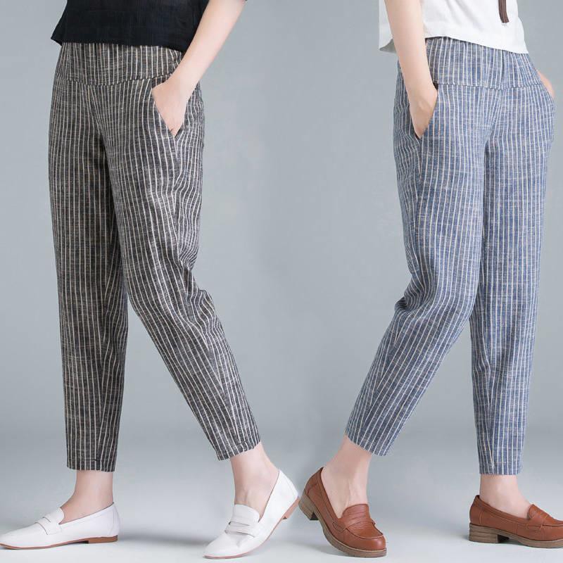 Quần Vải Lanh Kẻ Sọc Phong Cách Hàn Quốc (S-4Xl)